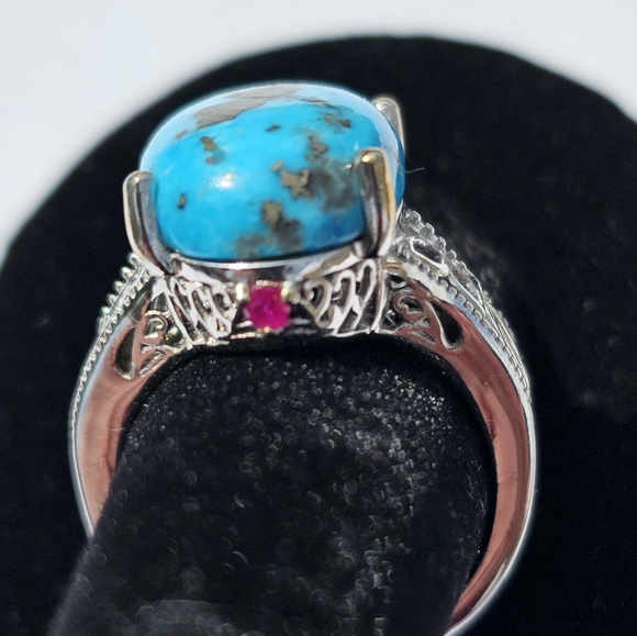 Genuine Turquoise w/Pyrite & Ruby Platinum/925 🦋 Size 9! - Picture 4 of 8